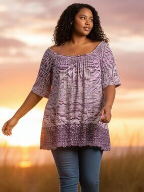 NWT Fever 3X Purple Striped Top Boho Floral Embroidery Shirred Tunic Blouse New
